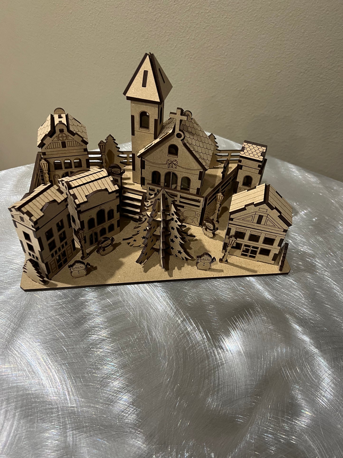 Miniature Christmas Town with Box Houses, a Church and a Christmas Tree
