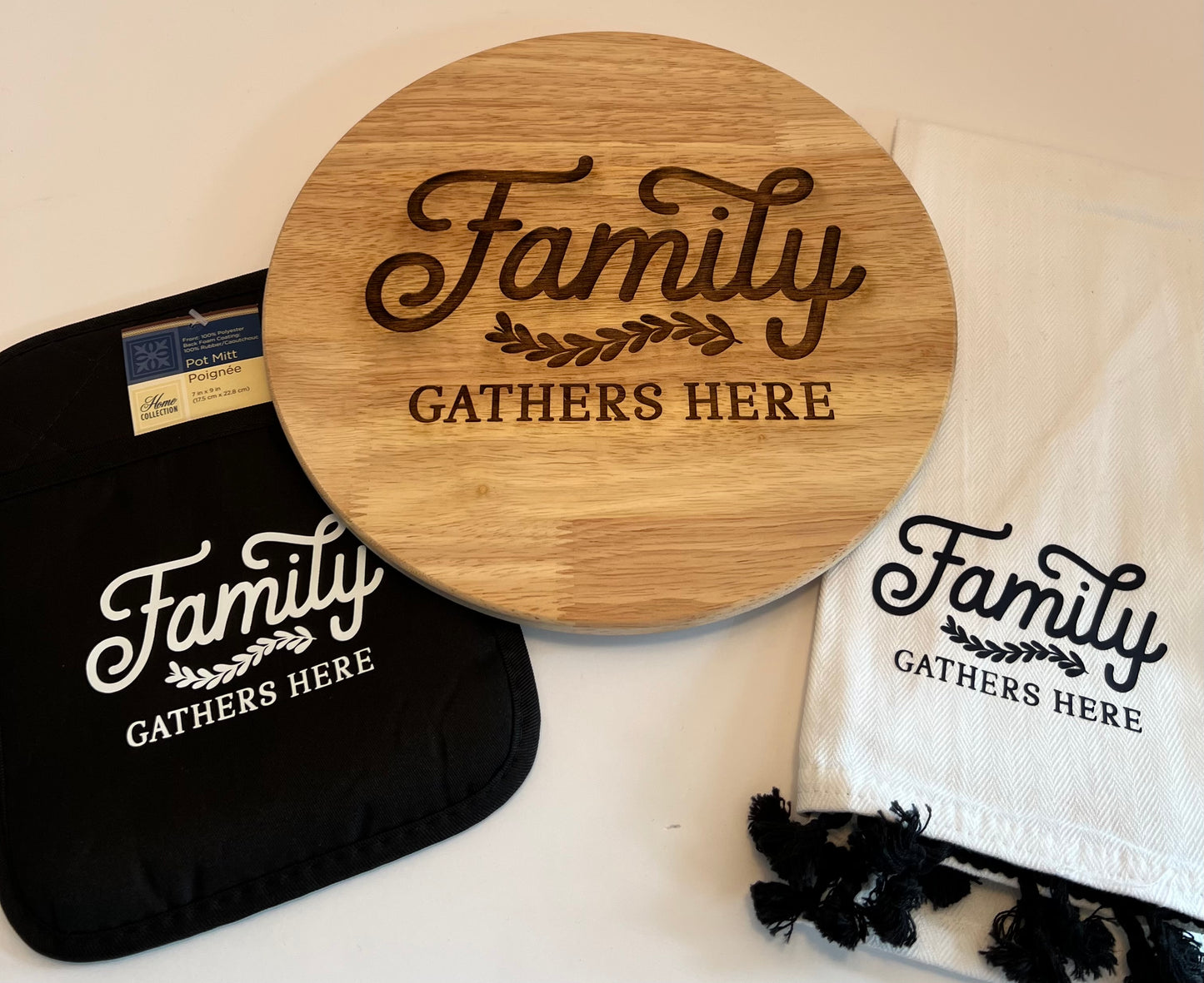 Family Gathers Here Dish Towel