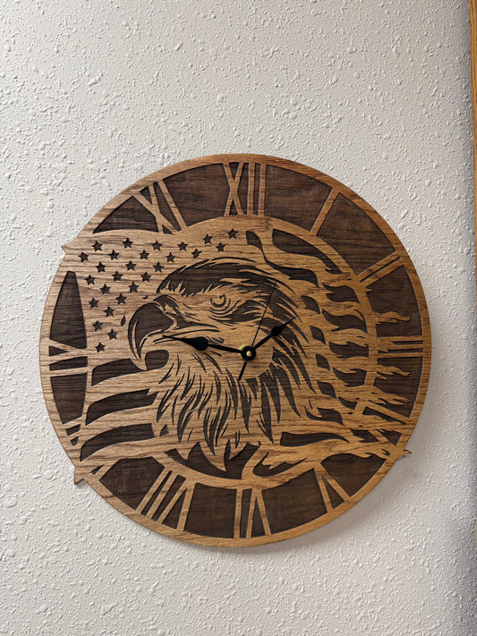 Engraved Eagle Wooden Clock