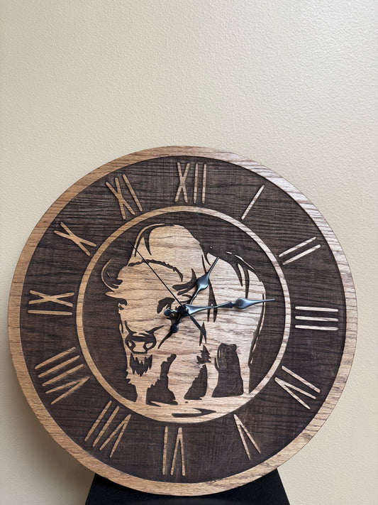 Engraved Bison Wooden Clock