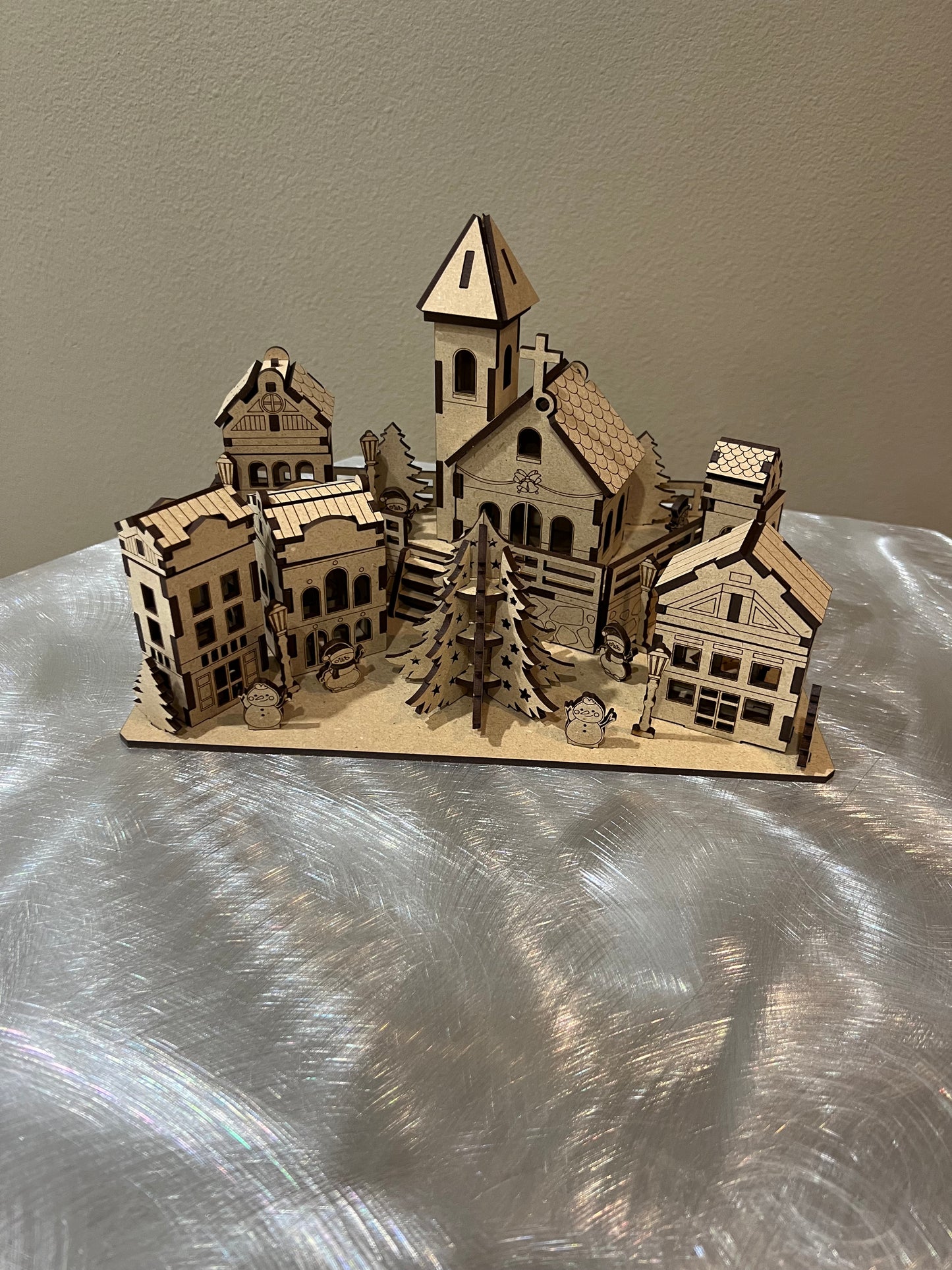 Miniature Christmas Town with Box Houses, a Church and a Christmas Tree