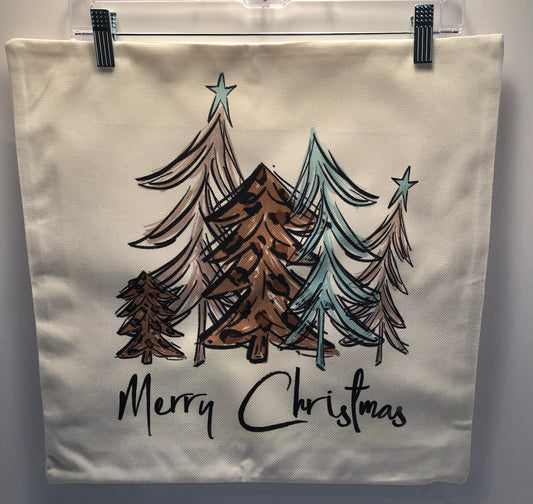 Brown and Blue Trees Merry Christmas Pillow Cover